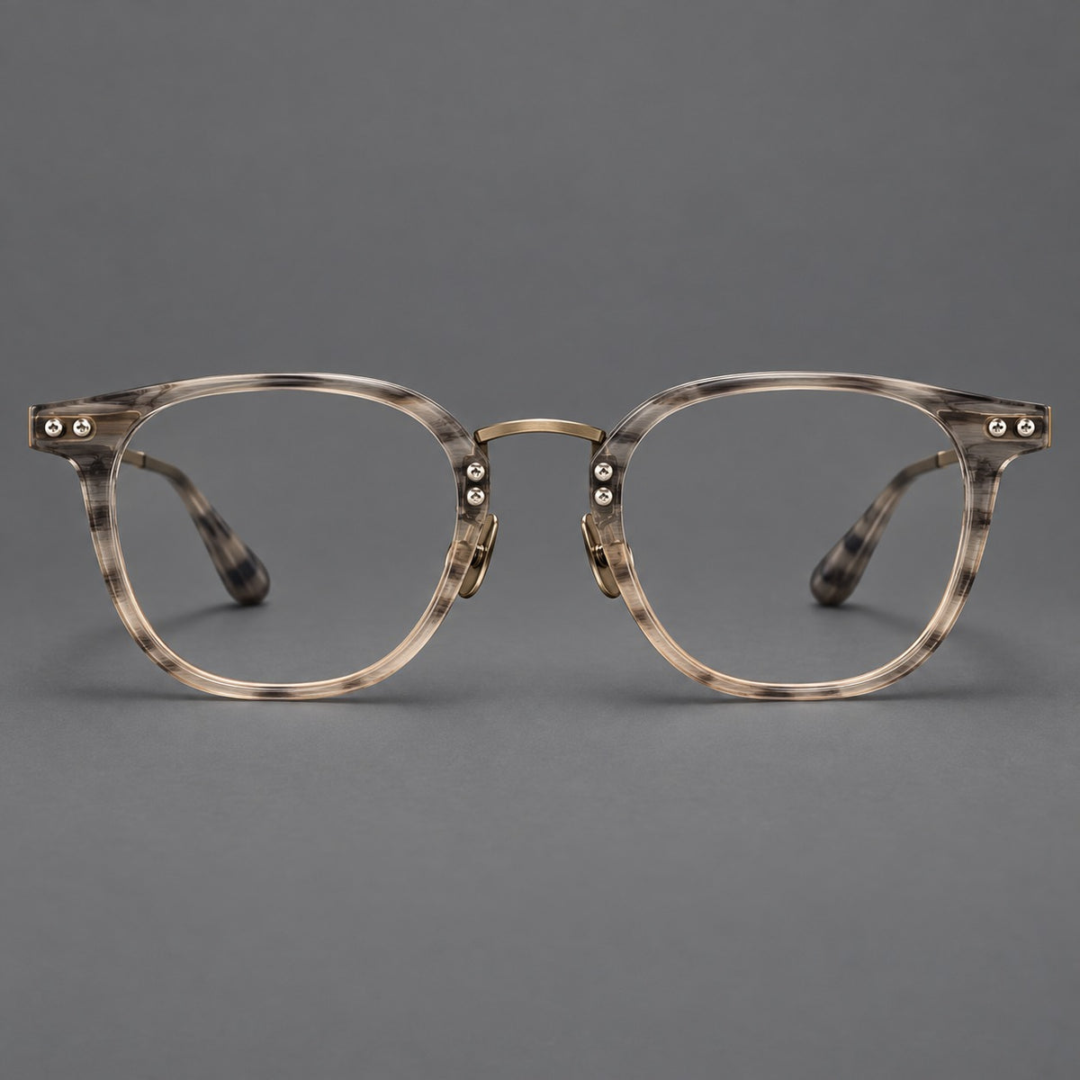 Retro acetate and titanium eyeglasses with softly rounded rims and a metal bridge — Light Grey Woodgrain — Front view [CINILY-JD2026-8020-C3]
