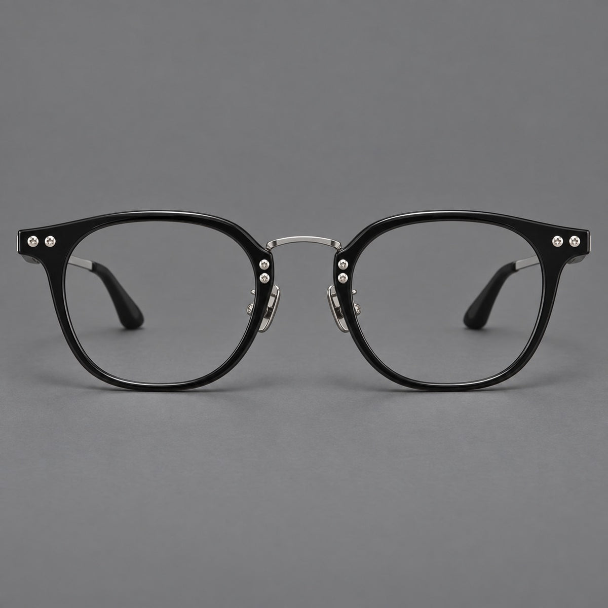 Retro acetate and titanium eyeglasses with softly rounded rims and a metal bridge — Black / Silver — Front view [CINILY-JD2026-8020-C6]