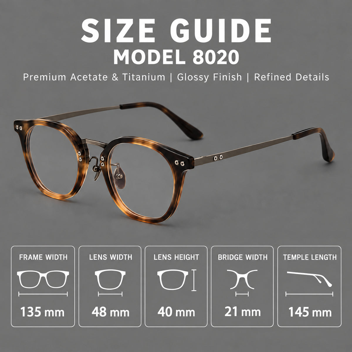 Retro acetate and titanium eyeglasses with softly rounded rims and a metal bridge — 8020 — Size guide [JD2026-8020]
