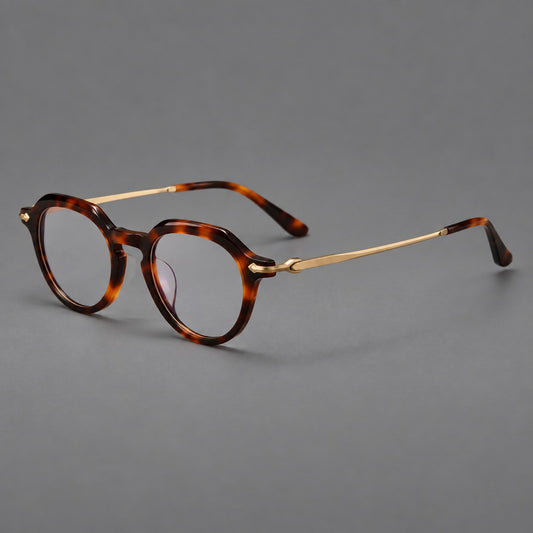 Retro acetate and titanium eyeglasses with panto rims and decorative arrow corner accents — Tortoiseshell / Gold — Main view [CINILY-JD2026-8021-C1]