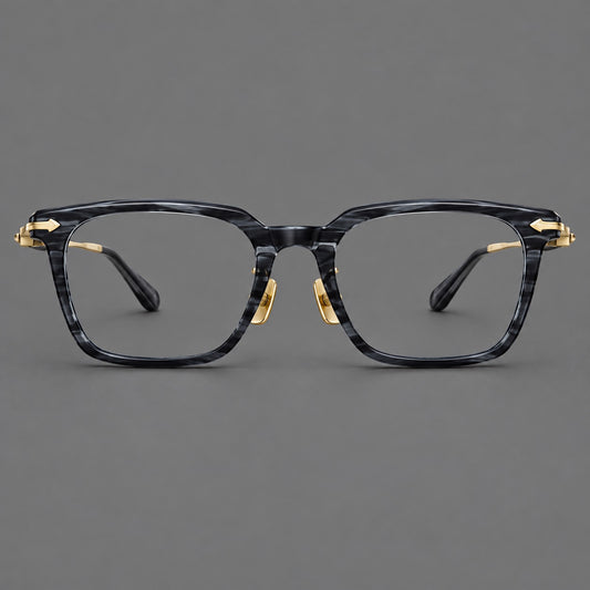 Bold acetate and titanium eyeglasses with rectangular rims and sculpted arrow accents — Grey Blue Woodgrain / Light Gold — Front view [CINILY-JD2026-8023-C1]