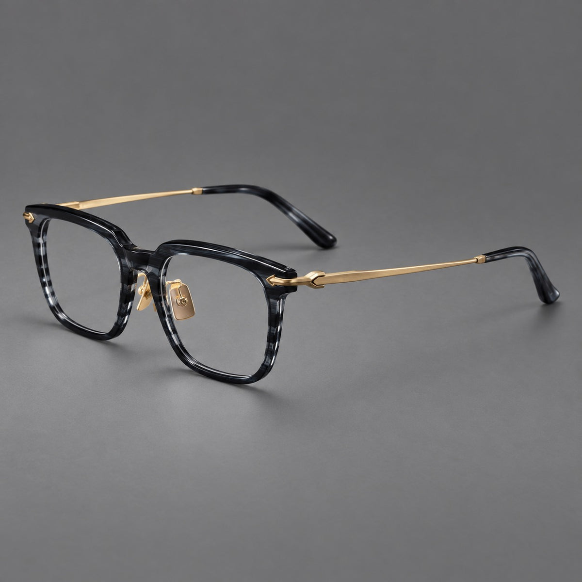 Bold acetate and titanium eyeglasses with rectangular rims and sculpted arrow accents — Grey Blue Woodgrain / Light Gold — Main view [CINILY-JD2026-8023-C1]