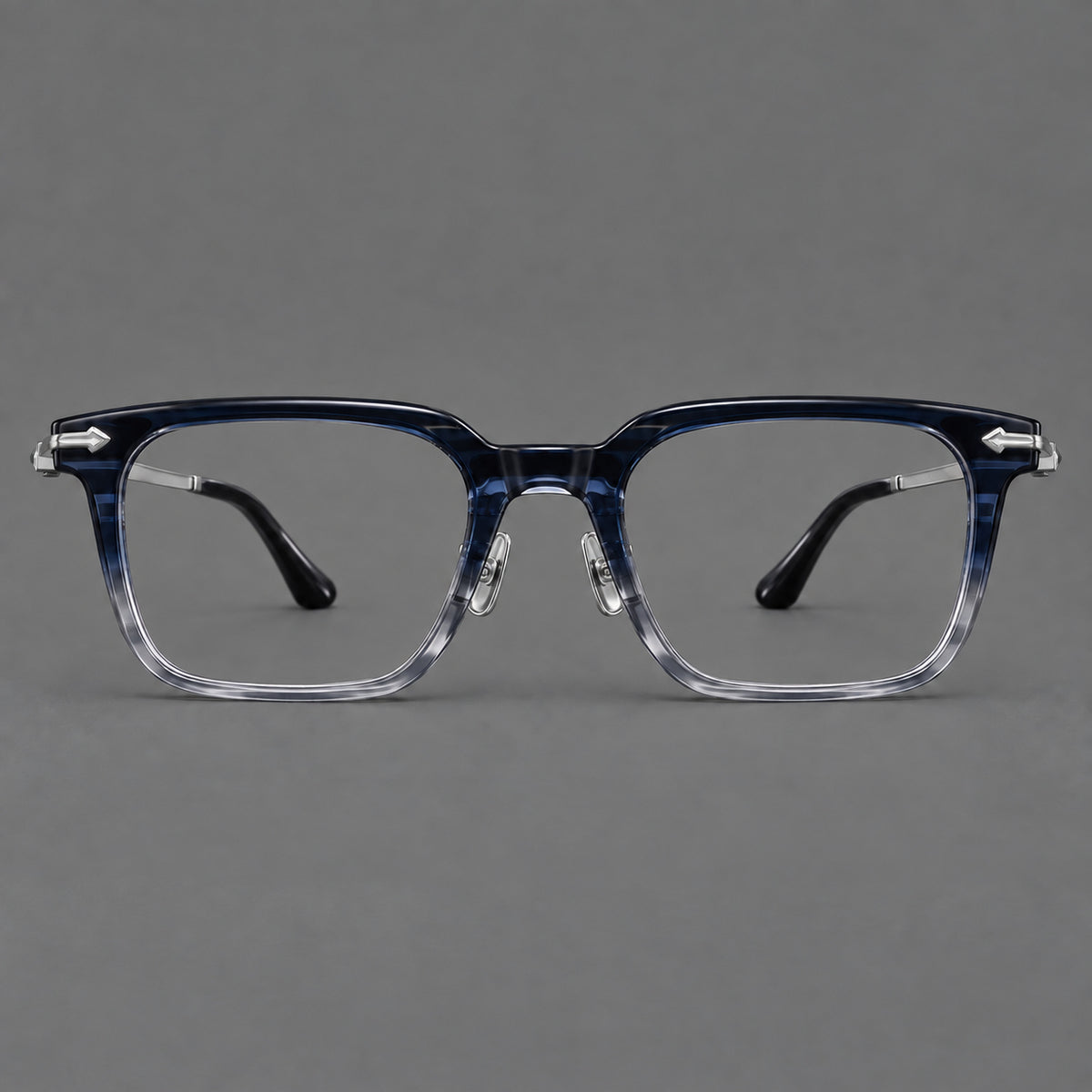 Bold acetate and titanium eyeglasses with rectangular rims and sculpted arrow accents — Blue Gradient / Silver Grey — Front view [CINILY-JD2026-8023-C6]