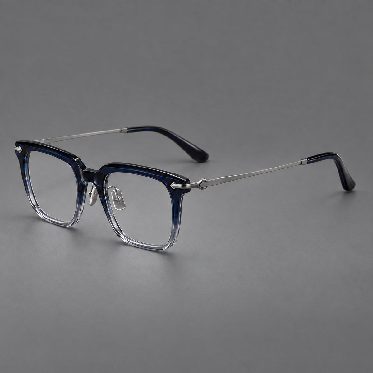 Bold acetate and titanium eyeglasses with rectangular rims and sculpted arrow accents — Blue Gradient / Silver Grey — Main view [CINILY-JD2026-8023-C6]