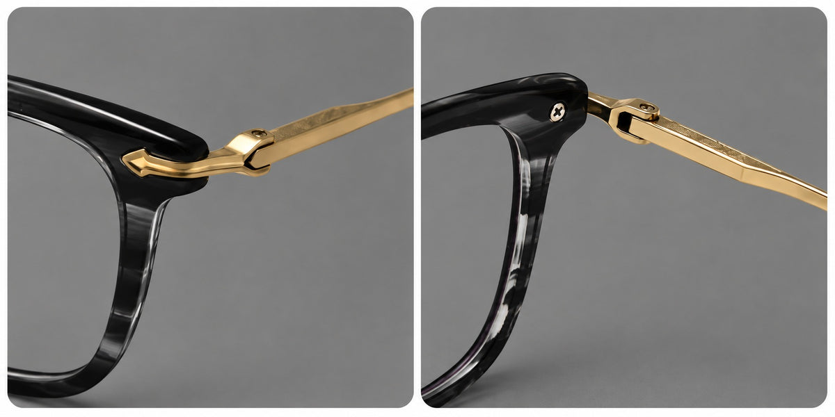 Bold acetate and titanium eyeglasses with rectangular rims and sculpted arrow accents — 8023 — Frame details [JD2026-8023]