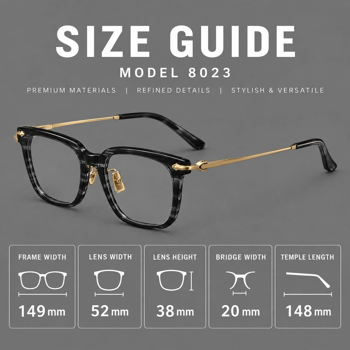 Bold acetate and titanium eyeglasses with rectangular rims and sculpted arrow accents — 8023 — Size guide [JD2026-8023]