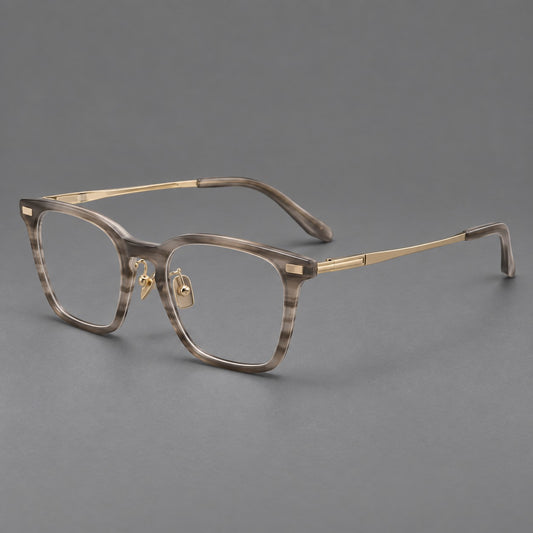 Classic acetate and titanium eyeglasses with rounded square rims and textured corner accents — Grey Woodgrain / Light Gold — Main view [CINILY-JD2026-8024-C1]