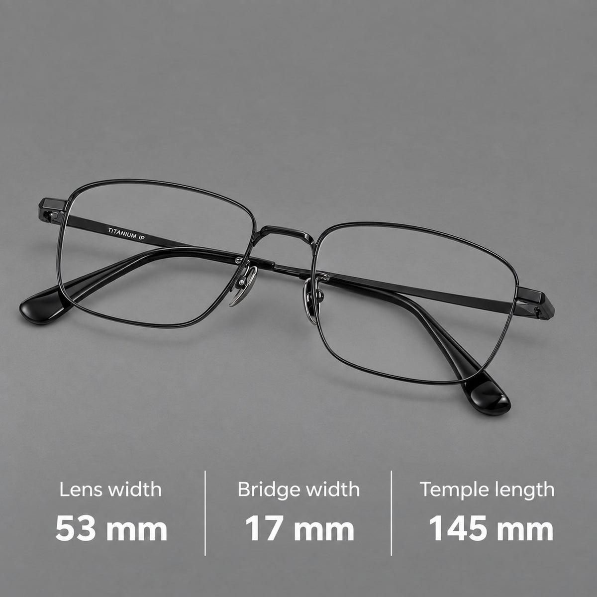 Modern square titanium glasses with an angular bridge and broad straight temples — 88005 — Size guide [JD2026-88005]