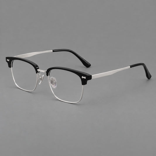 Classic browline titanium glasses with fine lower rims and subtle corner accents — Black and Silver — Main view [CINILY-JD2026-88007-C1]