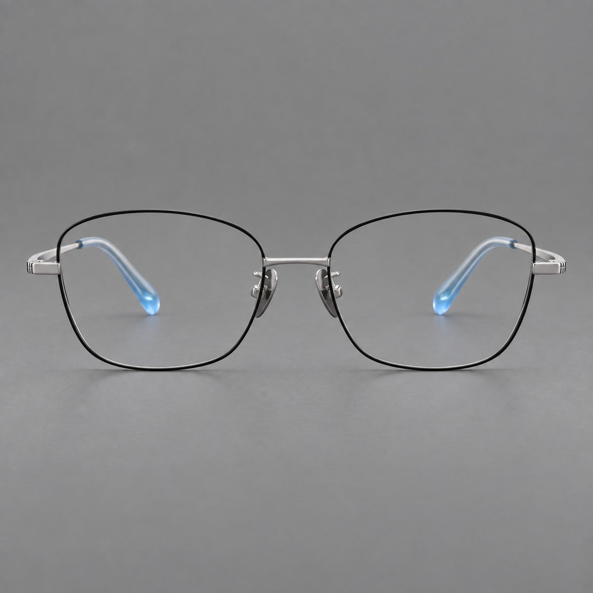 Soft square titanium glasses with angled upper corners and decorated hinges — Black and Silver — Front view [CINILY-JD2026-88008-C2]