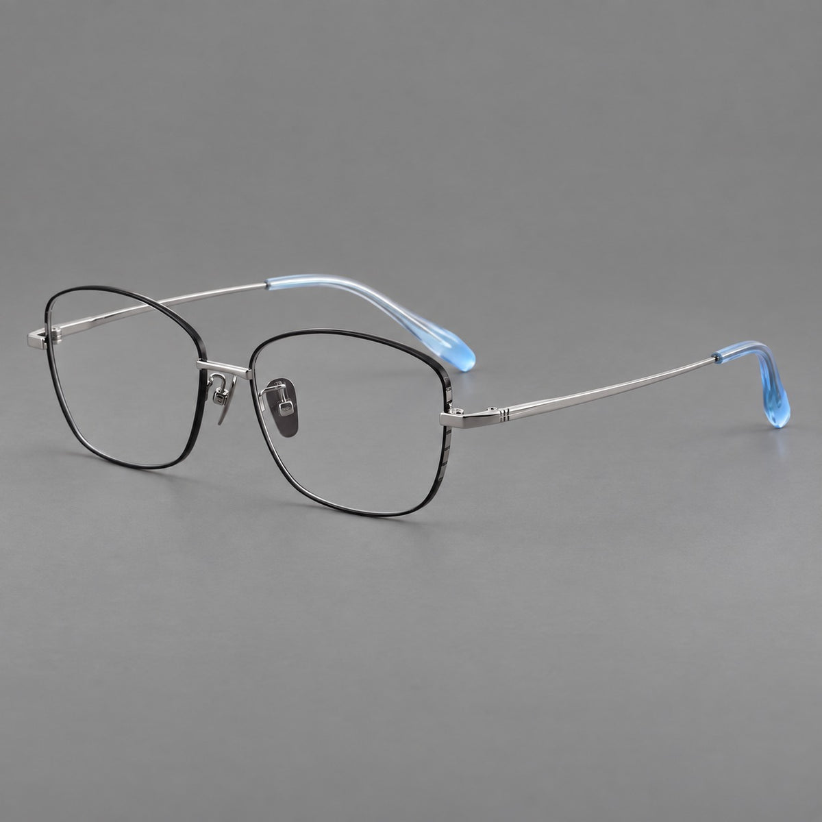 Soft square titanium glasses with angled upper corners and decorated hinges — Black and Silver — Main view [CINILY-JD2026-88008-C2]