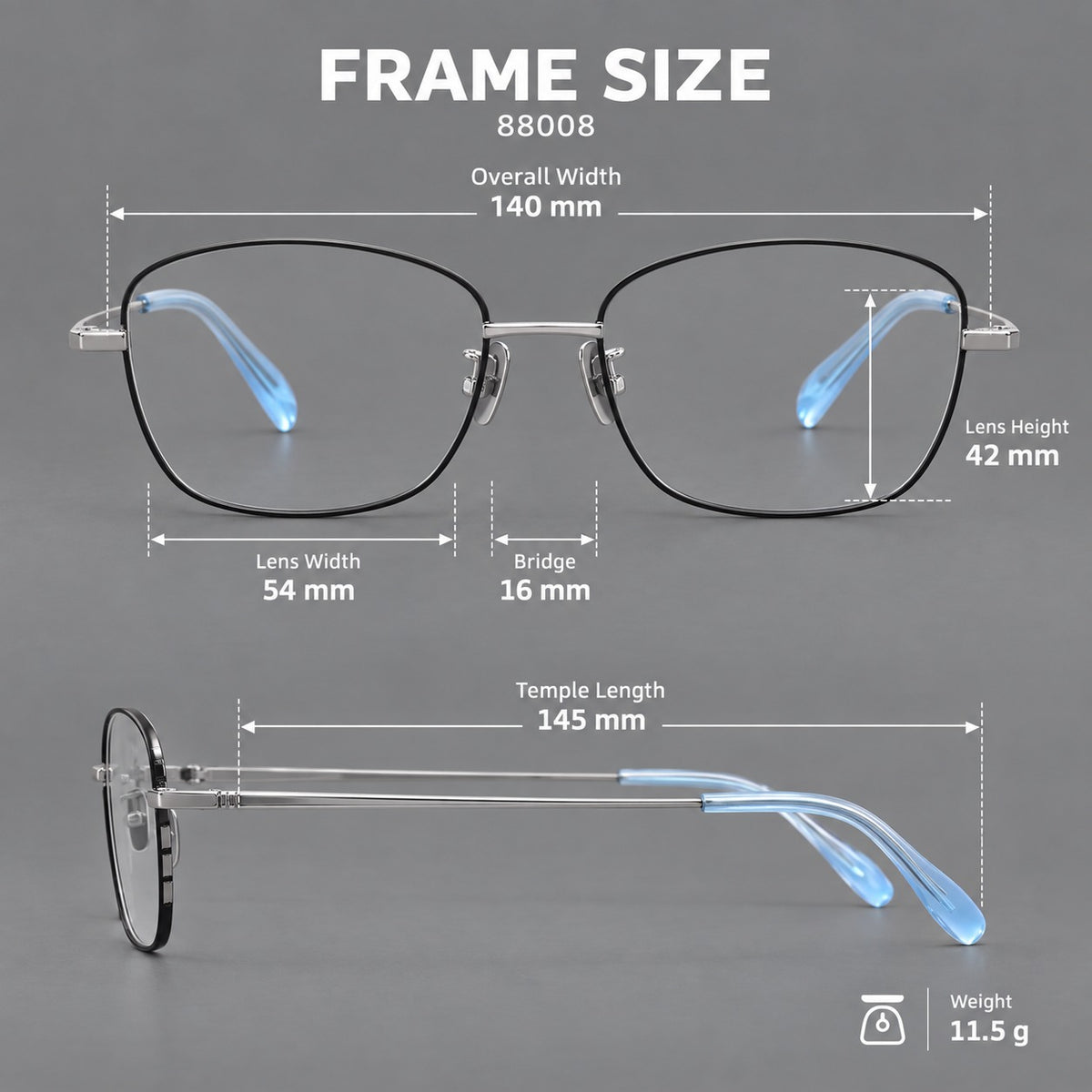 Soft square titanium glasses with angled upper corners and decorated hinges — 88008 — Size guide [JD2026-88008]