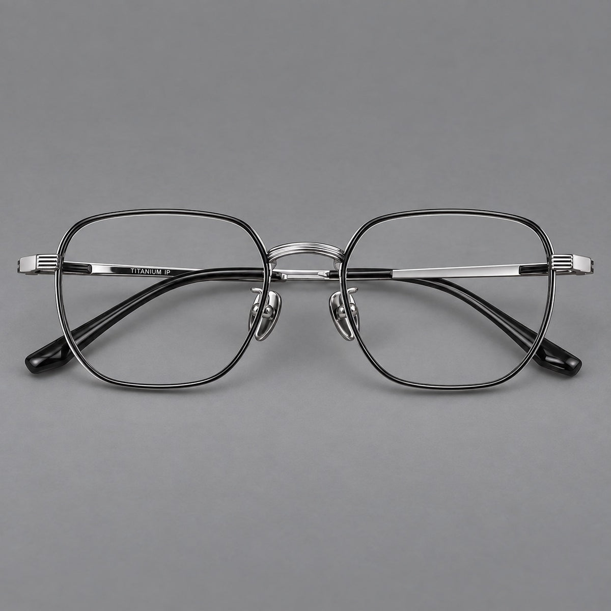 Retro square titanium glasses with rounded rims and finely grooved shoulders — Black and Silver — Front view [CINILY-JD2026-88012-C3]
