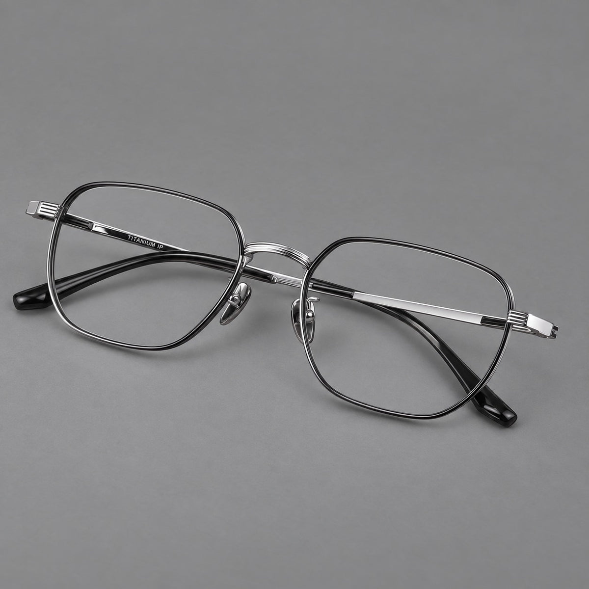 Retro square titanium glasses with rounded rims and finely grooved shoulders — Black and Silver — Main view [CINILY-JD2026-88012-C3]