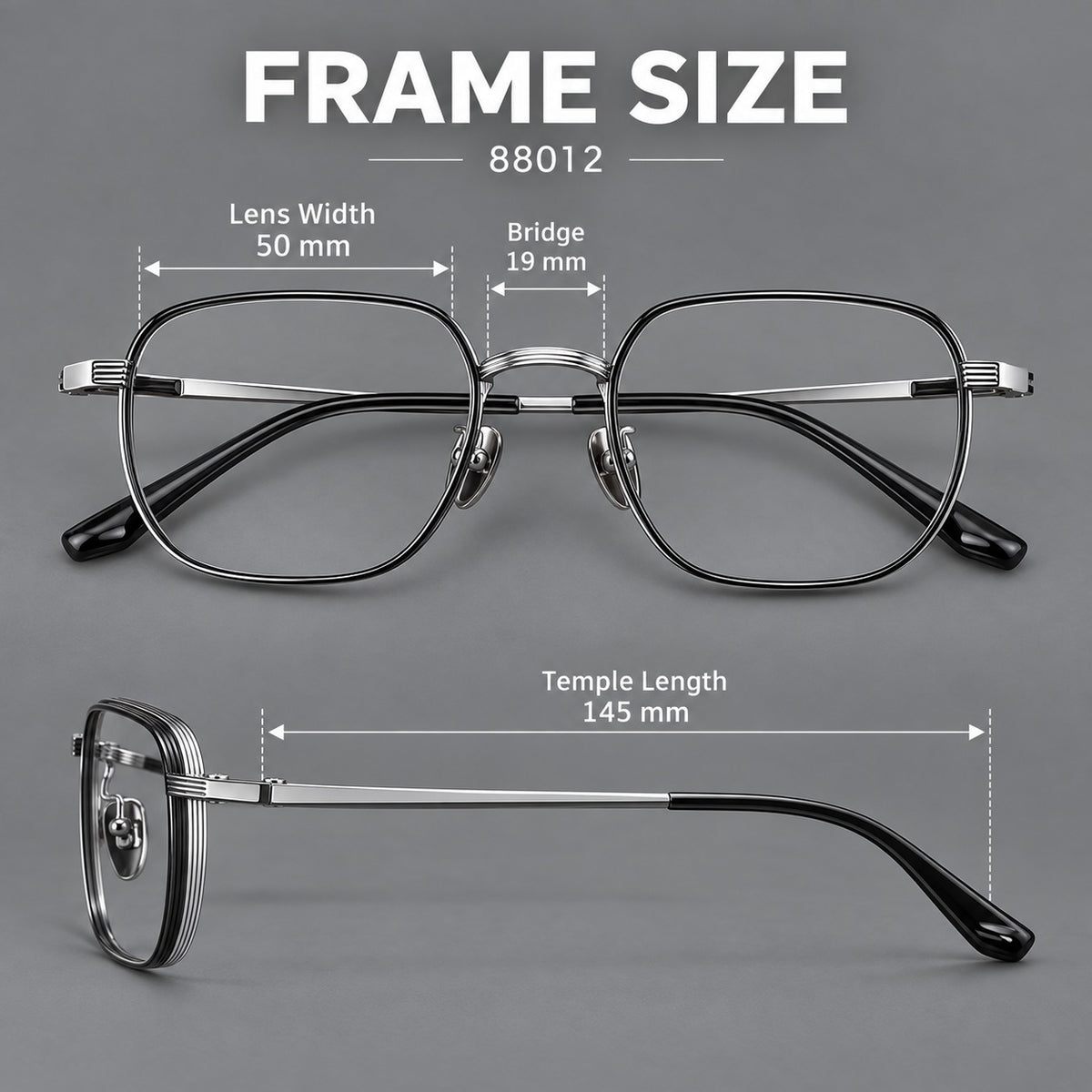 Retro square titanium glasses with rounded rims and finely grooved shoulders — 88012 — Size guide [JD2026-88012]
