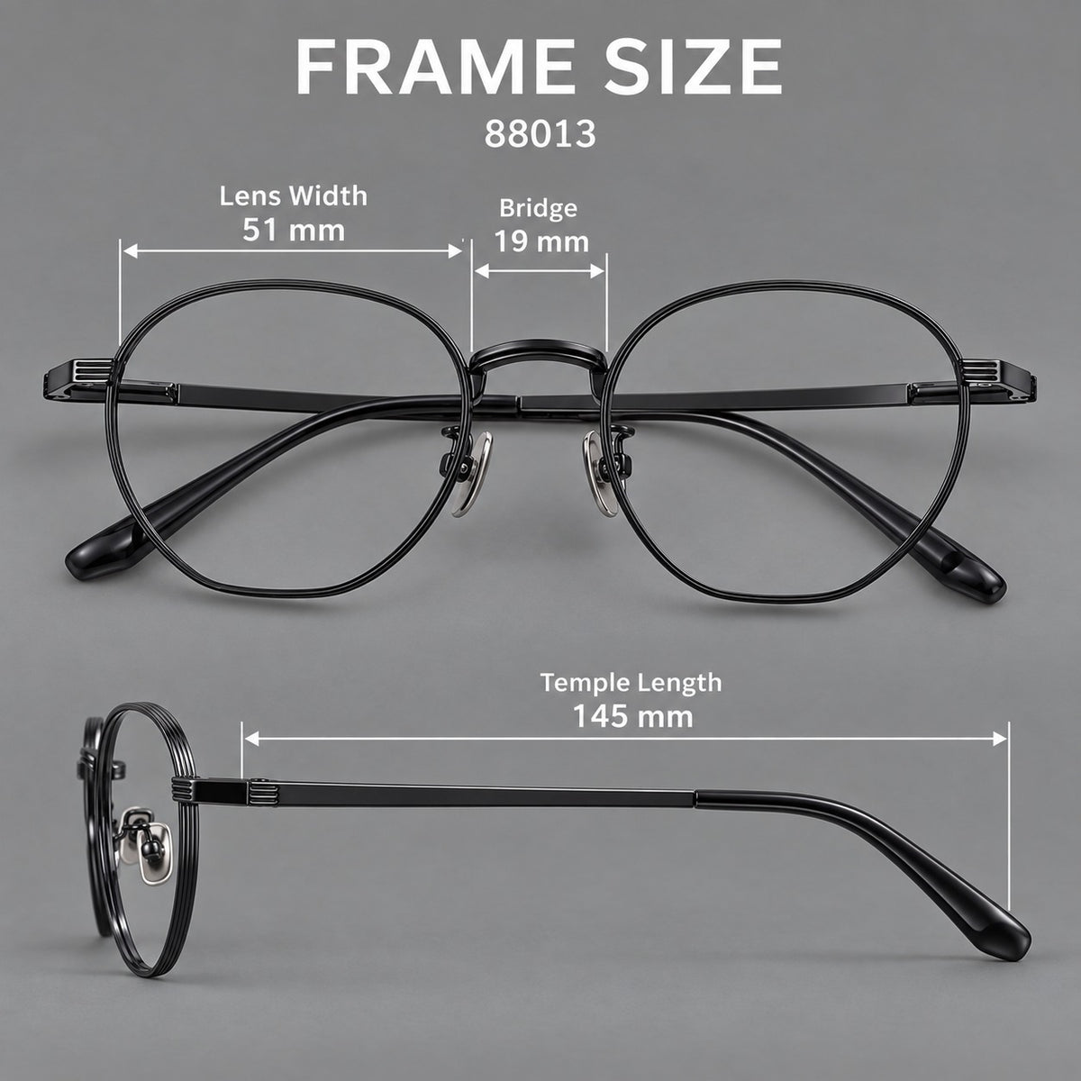Retro panto titanium glasses with a curved bridge and fine parallel rim grooves — 88013 — Size guide [JD2026-88013]