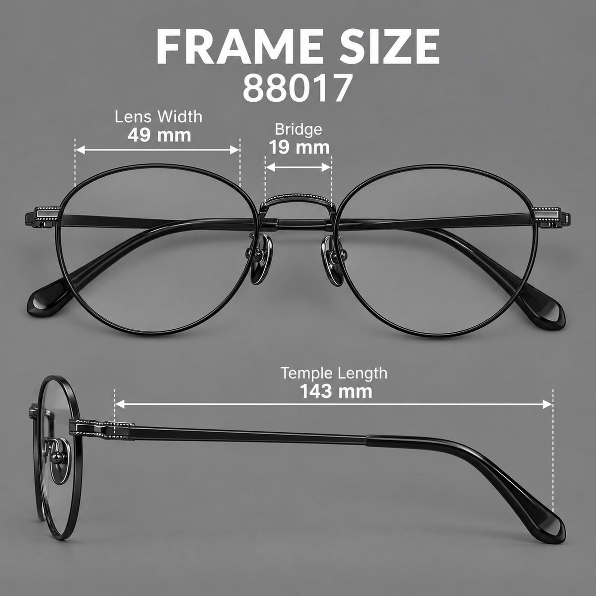 Rounded panto titanium glasses with a raised bridge and dotted temple accents — 88017 — Size guide [JD2026-88017]