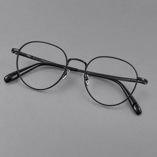 Classic round titanium glasses with broad flat temples and inset hinge details — Black — Main view [CINILY-JD2026-88018-C1]