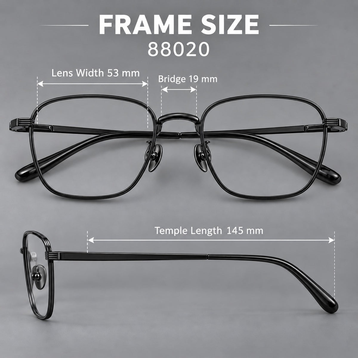 Deep square titanium glasses with a flatter brow and grooved outer shoulders — 88020 — Size guide [JD2026-88020]
