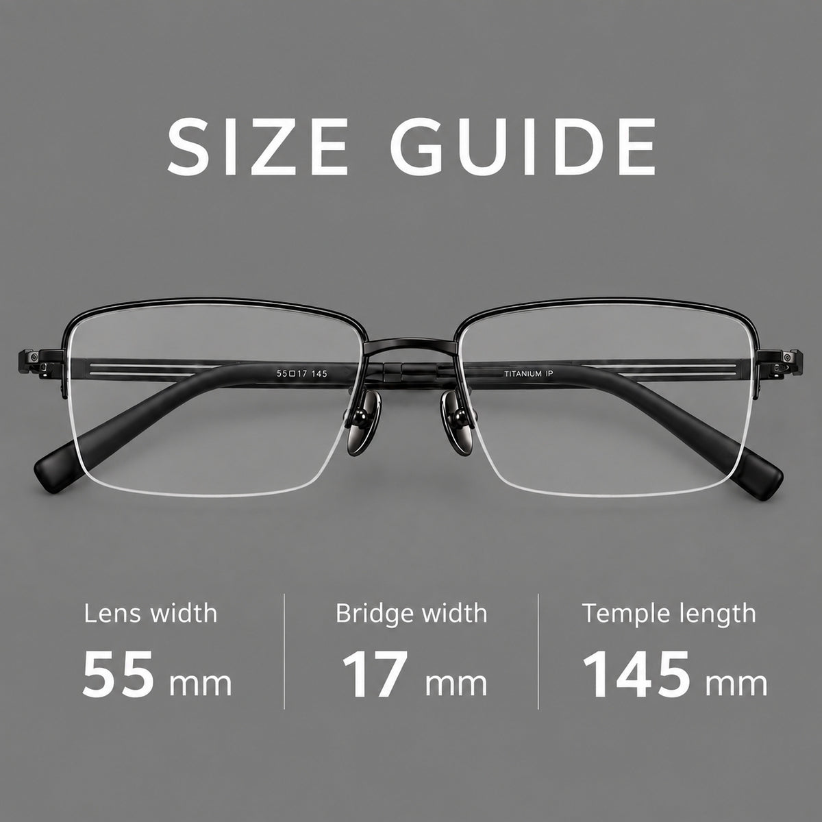 Classic half frame titanium glasses with rectangular lenses and lined temples — 88026 — Size guide [JD2026-88026]