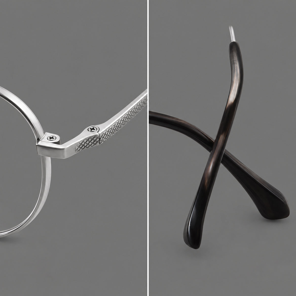 Compact round titanium glasses with an arched bridge and textured temple accents — 88027 — Frame details [JD2026-88027]