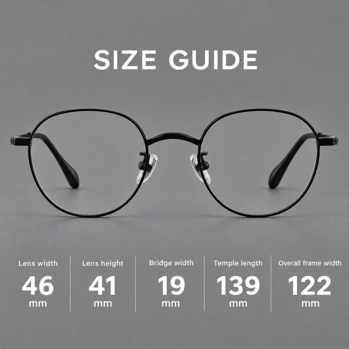 Compact round titanium glasses with an arched bridge and textured temple accents — 88027 — Size guide [JD2026-88027]