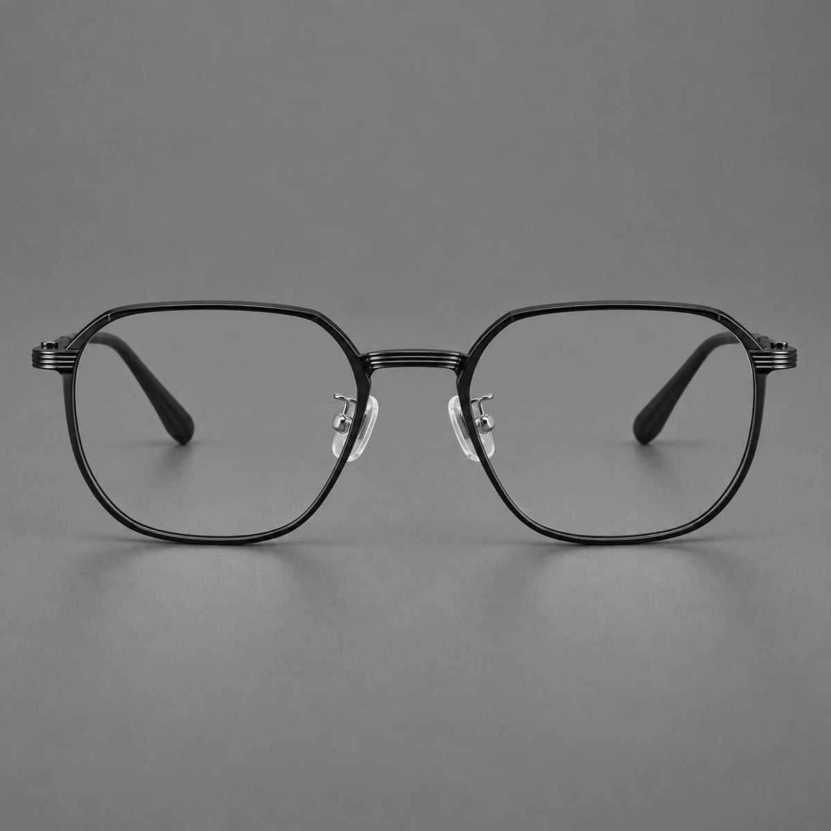 Geometric titanium glasses with flattened corners and a finely ridged bridge — Black — Front view [CINILY-JD2026-88028-C1]