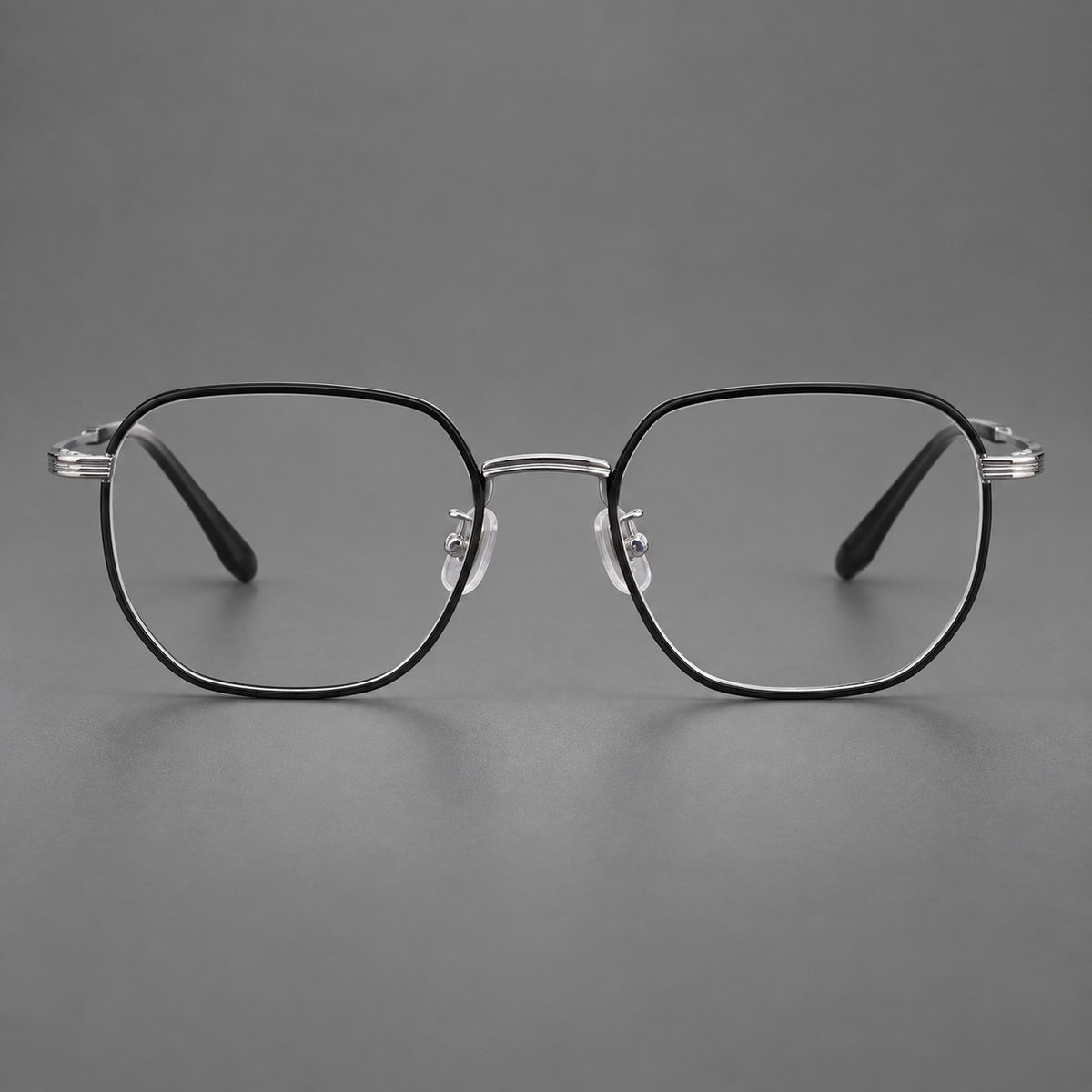 Geometric titanium glasses with flattened corners and a finely ridged bridge — Black and Silver — Front view [CINILY-JD2026-88028-C3]