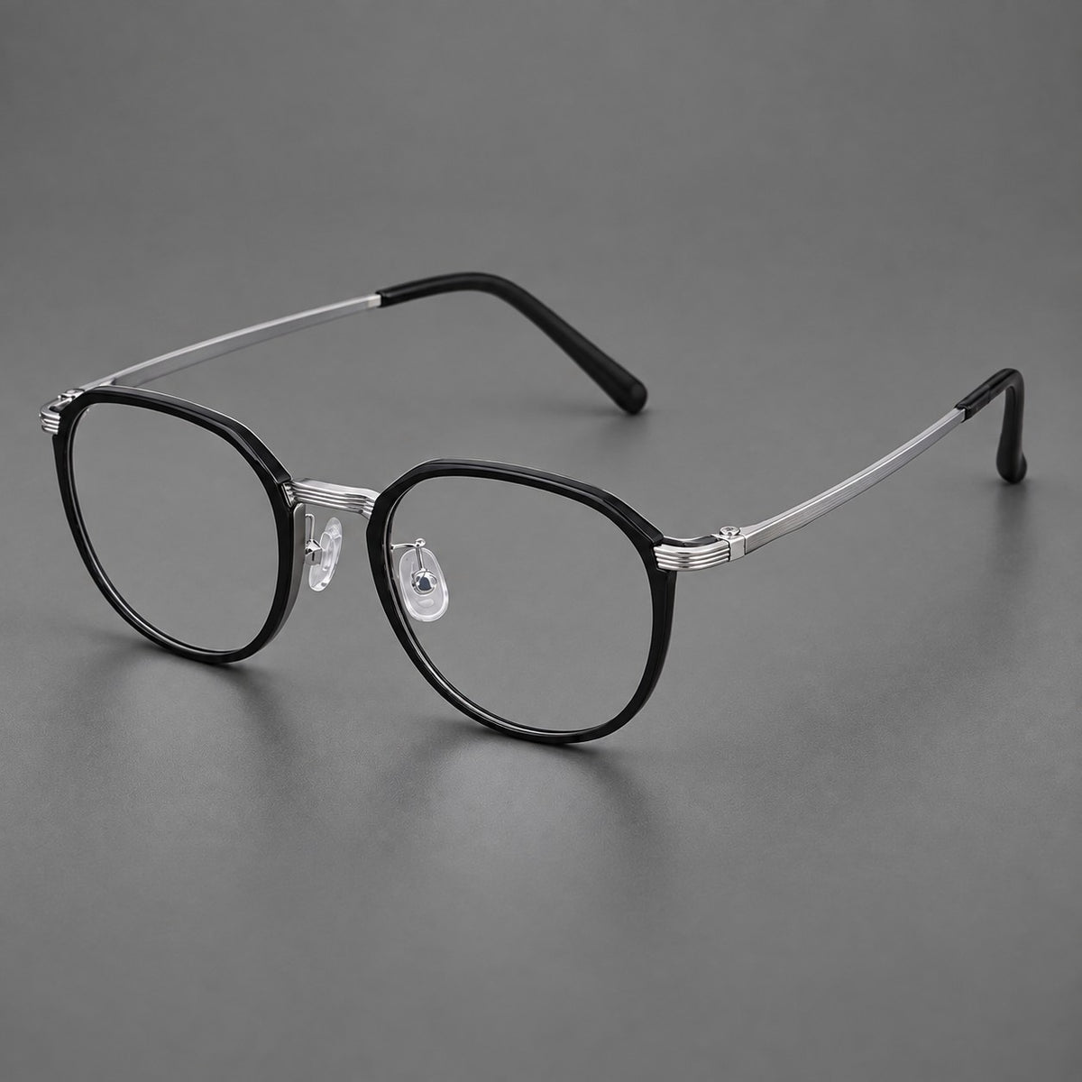 Geometric titanium glasses with flattened corners and a finely ridged bridge — Black and Silver — Main view [CINILY-JD2026-88028-C3]