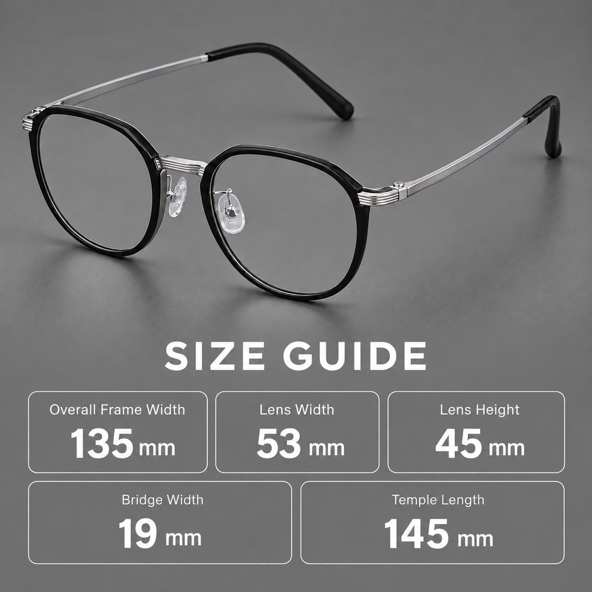 Geometric titanium glasses with flattened corners and a finely ridged bridge — 88028 — Size guide [JD2026-88028]