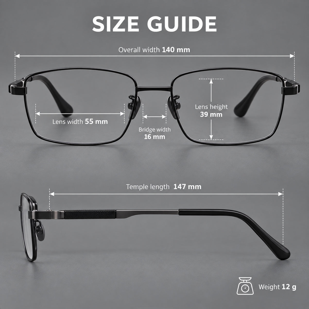 Slim rectangular titanium glasses with broad temples and contrasting dark inserts — 88029 — Size guide [JD2026-88029]