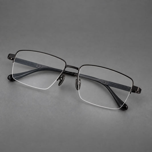Wide half frame titanium glasses with rectangular lenses and textured temples — Black — Main view [CINILY-JD2026-88030-C1]