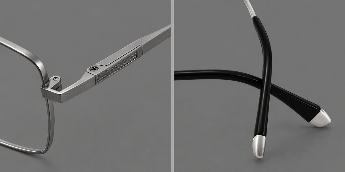 Clean rectangular titanium glasses with inset temple details and pale end accents — 88035 — Frame details [JD2026-88035]