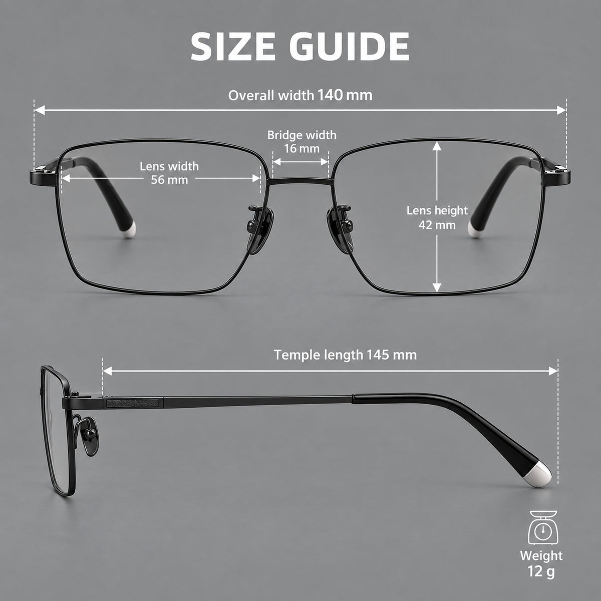 Clean rectangular titanium glasses with inset temple details and pale end accents — 88035 — Size guide [JD2026-88035]