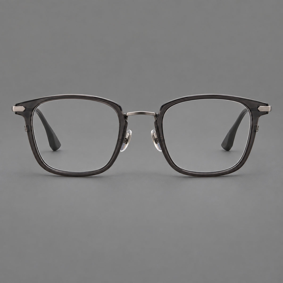 Bold square titanium glasses with a separate bridge and long metal corner accents — Gunmetal — Front view [CINILY-JD2026-88038-C2]