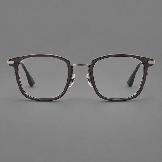 Bold square titanium glasses with a separate bridge and long metal corner accents — Gunmetal — Front view [CINILY-JD2026-88038-C2]