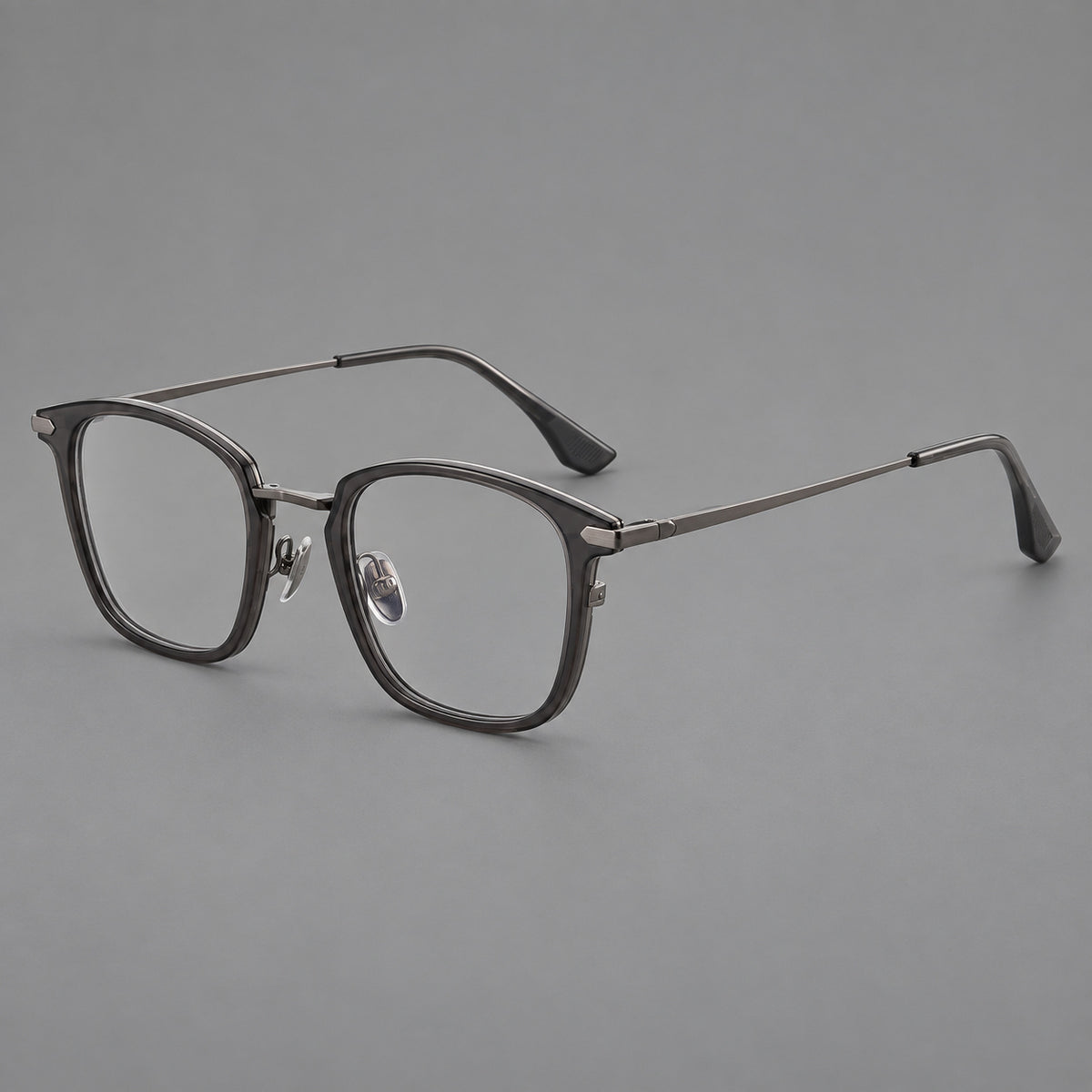 Bold square titanium glasses with a separate bridge and long metal corner accents — Gunmetal — Main view [CINILY-JD2026-88038-C2]