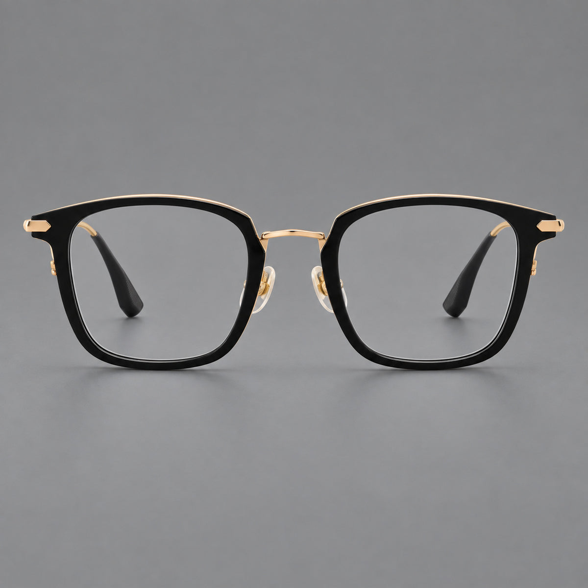 Bold square titanium glasses with a separate bridge and long metal corner accents — Black and Gold — Front view [CINILY-JD2026-88038-C3]