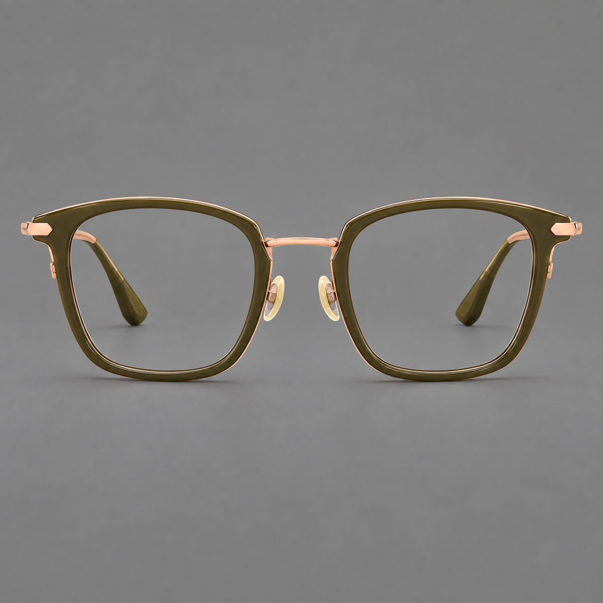 Bold square titanium glasses with a separate bridge and long metal corner accents — Olive Green and Rose Gold — Front view [CINILY-JD2026-88038-C5]