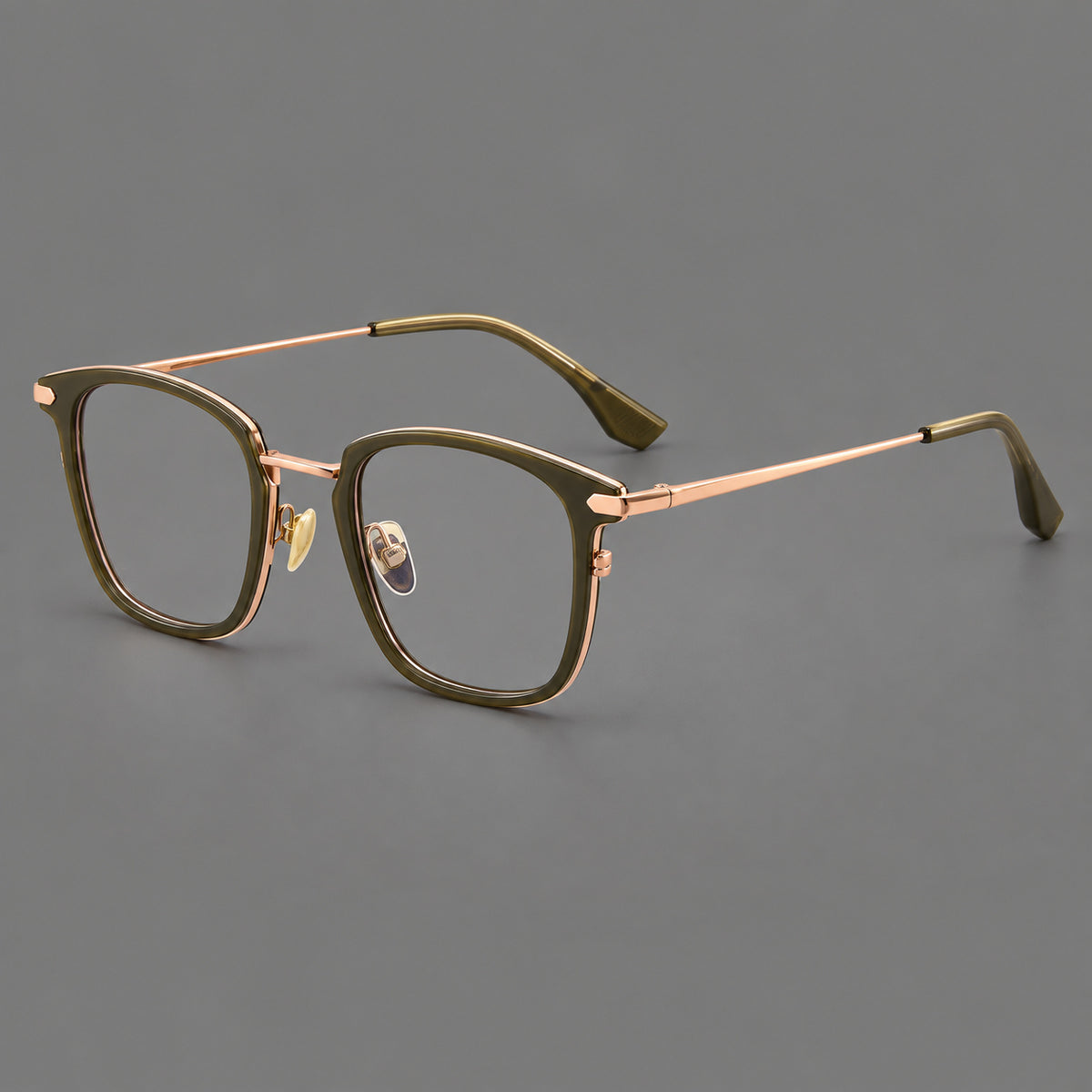 Bold square titanium glasses with a separate bridge and long metal corner accents — Olive Green and Rose Gold — Main view [CINILY-JD2026-88038-C5]