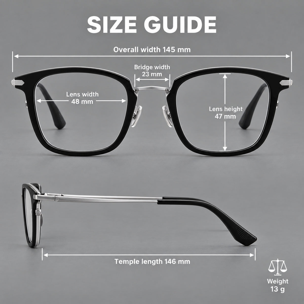 Bold square titanium glasses with a separate bridge and long metal corner accents — 88038 — Size guide [JD2026-88038]