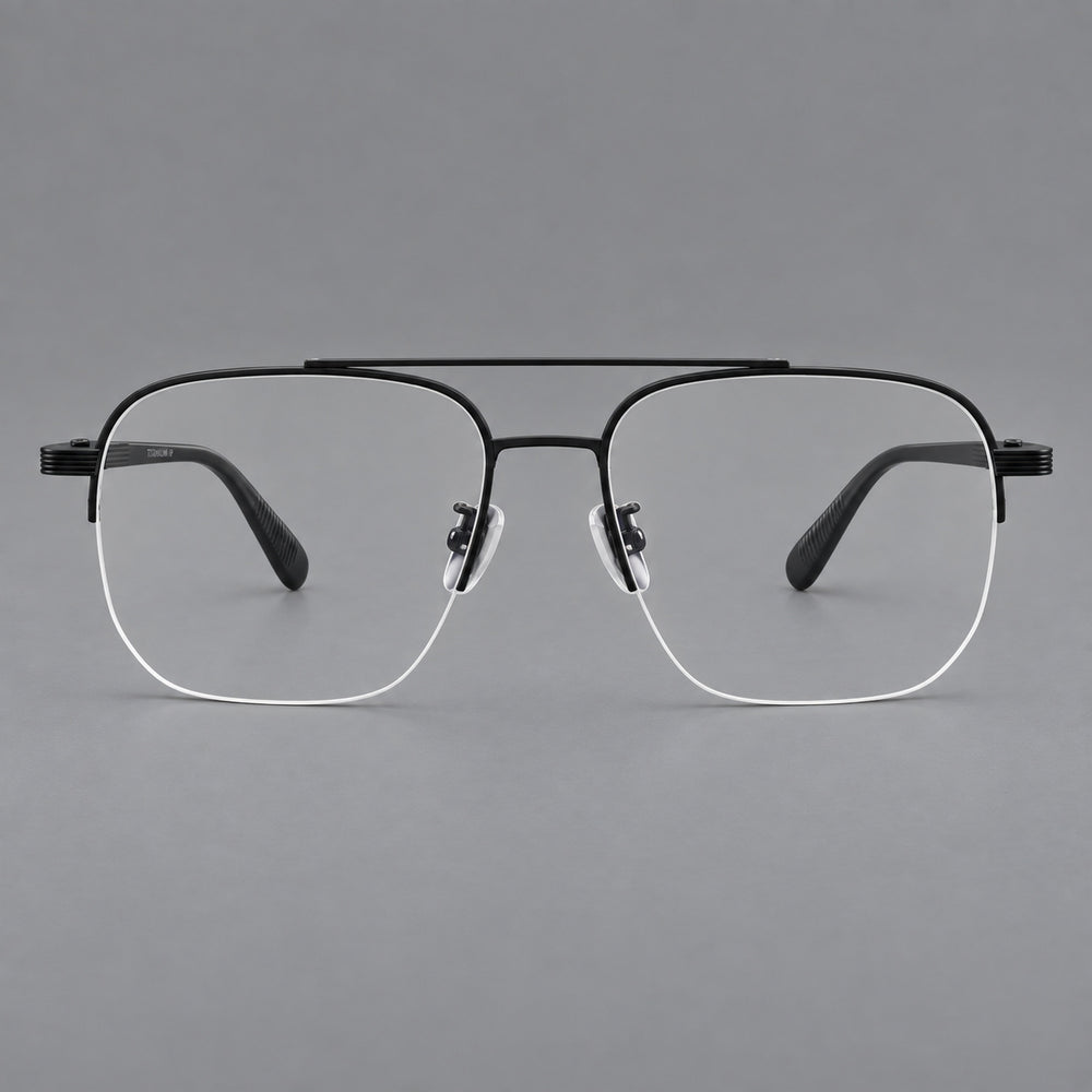 Angular aviator titanium glasses with a double bridge and an open lower rim — Matte Black — Front view [CINILY-JD2026-88039-C1]
