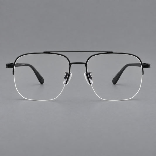Angular aviator titanium glasses with a double bridge and an open lower rim — Matte Black — Front view [CINILY-JD2026-88039-C1]
