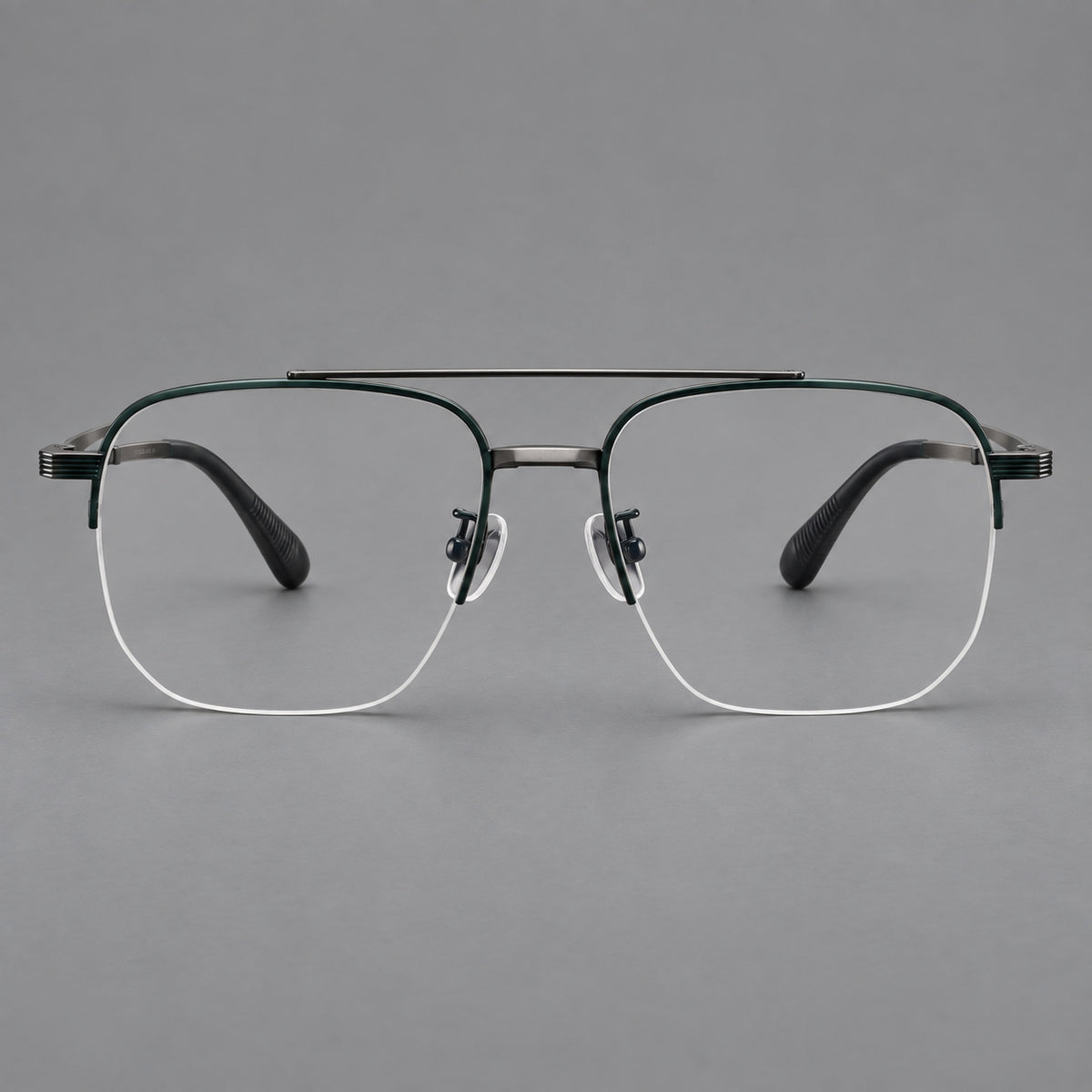 Angular aviator titanium glasses with a double bridge and an open lower rim — Dark Green and Gunmetal — Front view [CINILY-JD2026-88039-C3]