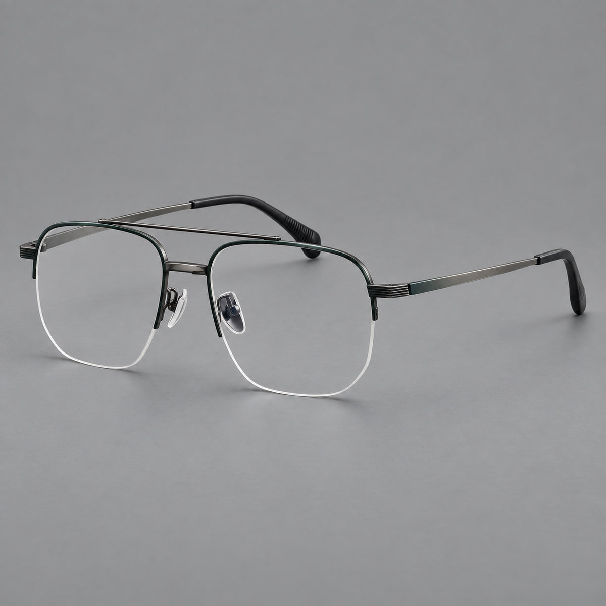 Angular aviator titanium glasses with a double bridge and an open lower rim — Dark Green and Gunmetal — Main view [CINILY-JD2026-88039-C3]