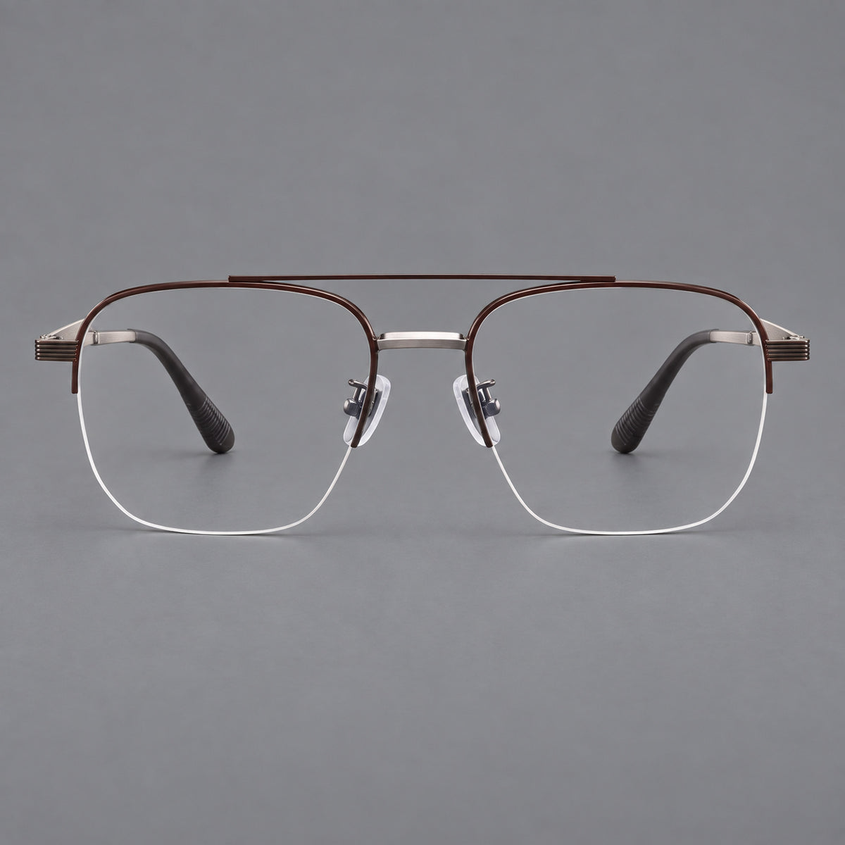 Angular aviator titanium glasses with a double bridge and an open lower rim — Brown and Silver — Front view [CINILY-JD2026-88039-C4]