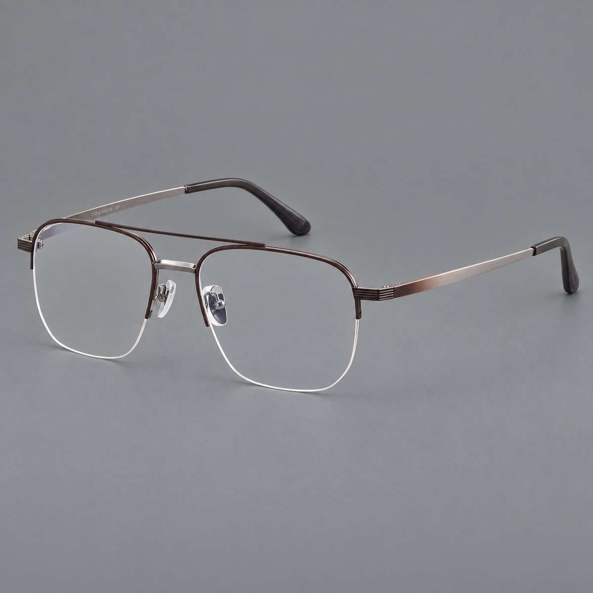 Angular aviator titanium glasses with a double bridge and an open lower rim — Brown and Silver — Main view [CINILY-JD2026-88039-C4]