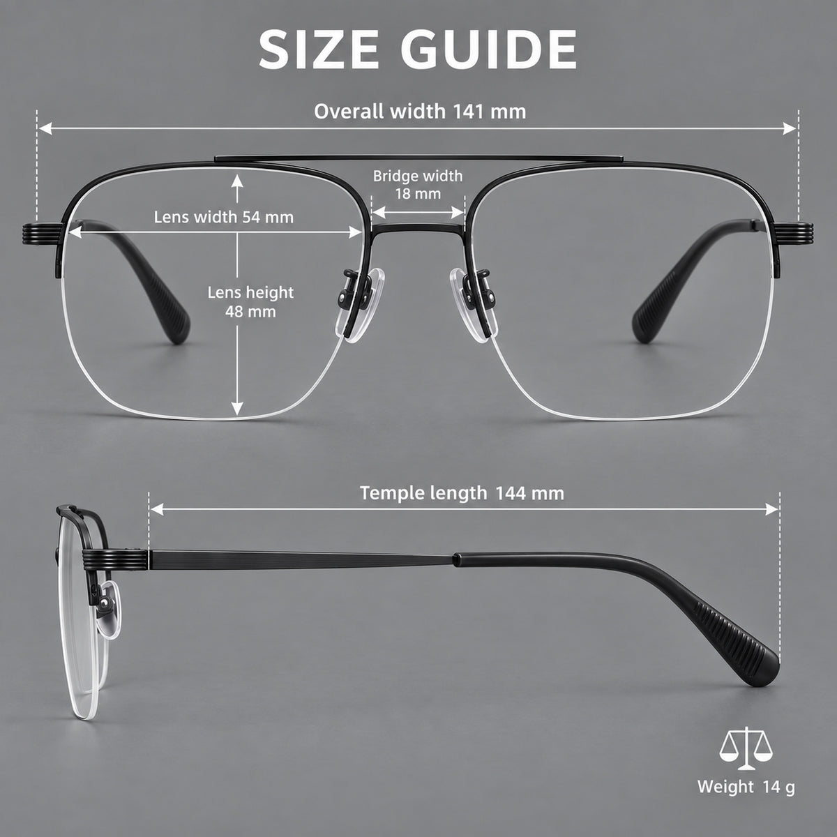 Angular aviator titanium glasses with a double bridge and an open lower rim — 88039 — Size guide [JD2026-88039]