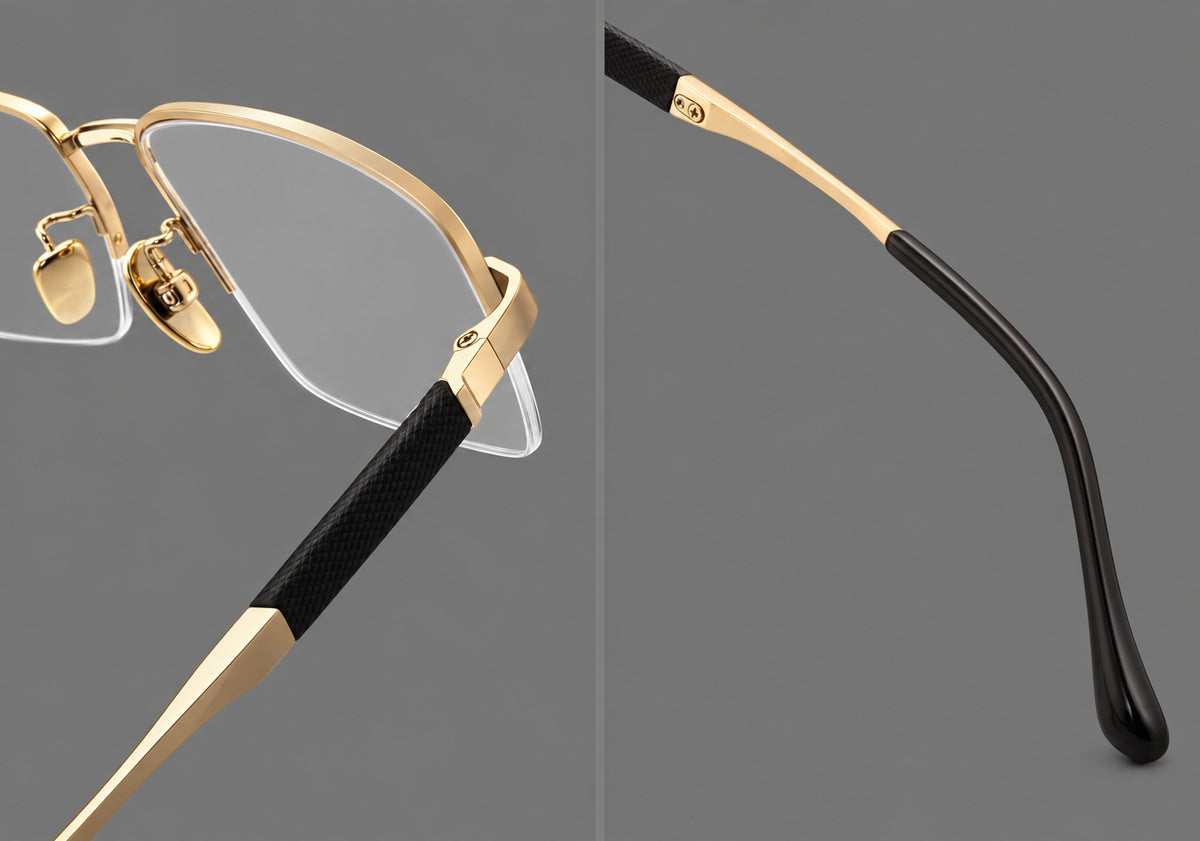 Modern half frame titanium glasses with a narrow bridge and dark temple sections — 88041 — Frame details [JD2026-88041]