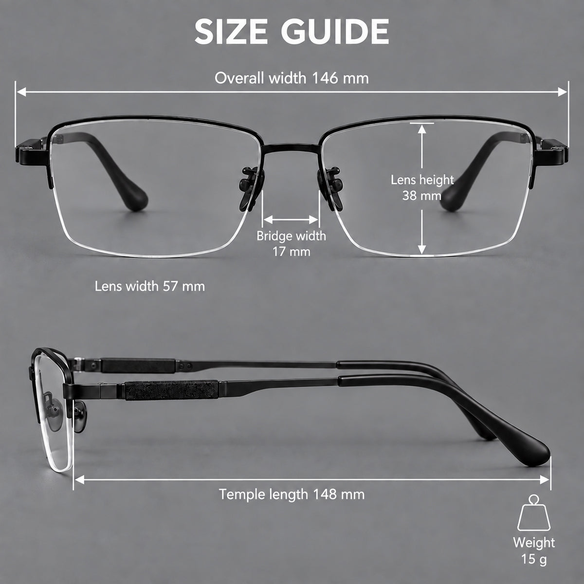 Modern half frame titanium glasses with a narrow bridge and dark temple sections — 88041 — Size guide [JD2026-88041]